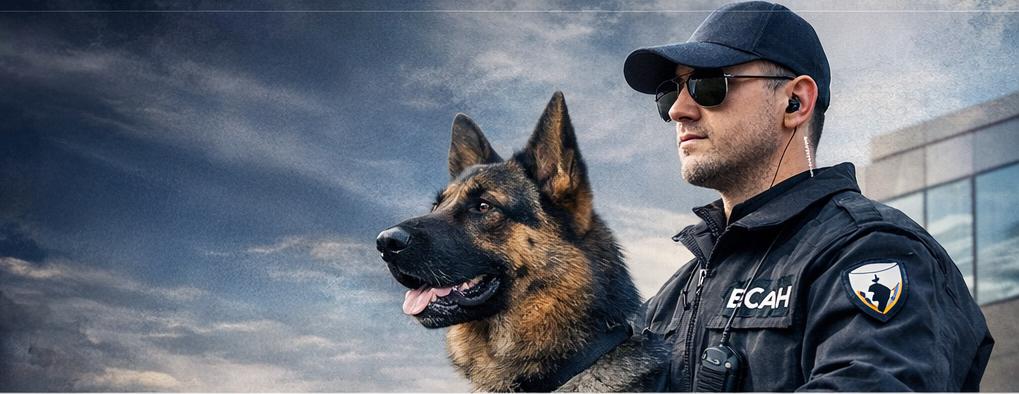 Oficial de seguridad ECAH con unidad canina K9 — Protegiendo lo que más importa